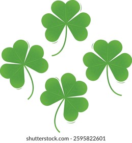 
Three green clover leaves or called shamrock totaling four stalks. Shamrock has a green color. Shamrock in flat vector style. Shamrock with flat vector style and has a motif on each leaf.