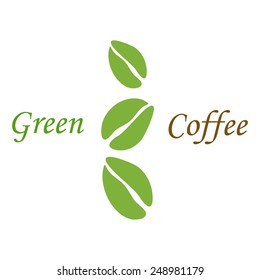 Three green coffee beans on white background
