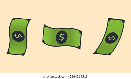 Three green dollar bills are flying in the air	