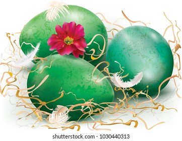Three green eggs are decorated with dry grass, feathers and a red flower. Vector illustration