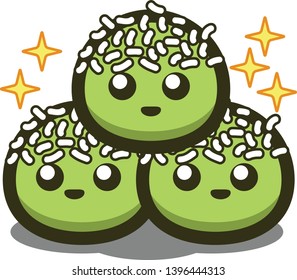 Three green food dumpling character with coconut sprinkles smiling and staring with sparkling eyes