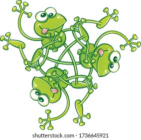 Three green frogs having fun, making funny faces and waving while creating a complex choreography. They create a rotational pattern that ends by having them totally tangled in a three-sided figure