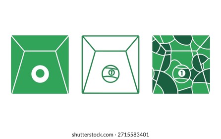 Three green geometric squares with circular elements and a number one on white background