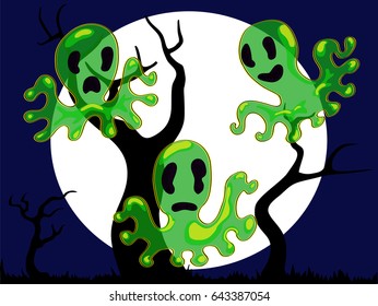 The three green gloomy ghosts and big moon