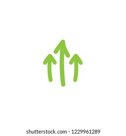 three green hand drawn arrows up icon. Isolated on white. Upload icon.  Upgrade sign. Growth symbol. North pointing arrow.