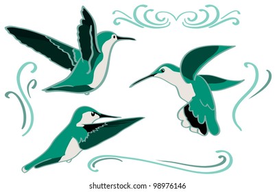 Three green hummingbirds in different positions with decorative scrollwork.