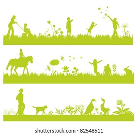 three green landscape banners with people, flowers, grass and animals