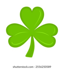 Three green leaf clover icon. St. Patrick's day symbol in colorful cartoon illustration isolated on white background. Clover leaf, lucky symbol. Colored flat vector illustration