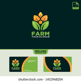 Three green leaf seedling growing plant logo include business card template.