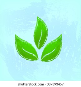 Three green leaves, blue background. Painted design element. Watercolor illustration for web or typography (magazine, brochure, flyer, poster).