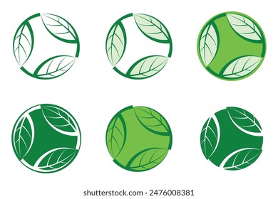 Three green leaves circle. Eco world logo set. Sustainable concept for company logo.