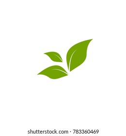 Three green leaves. Icon Isolated on white. Logo for eco company, agriculture, nature firm, ecology, healthy organic and farm fresh food. Vector Illustration