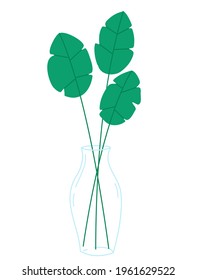 Three green leaves in a narrow-necked glass vase on a white background. Vector design elements.