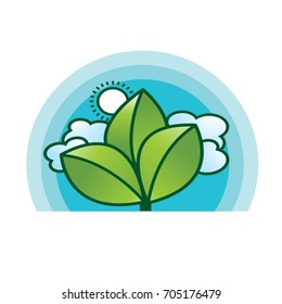 three green leaves over blue clouds & sun-vector drawing