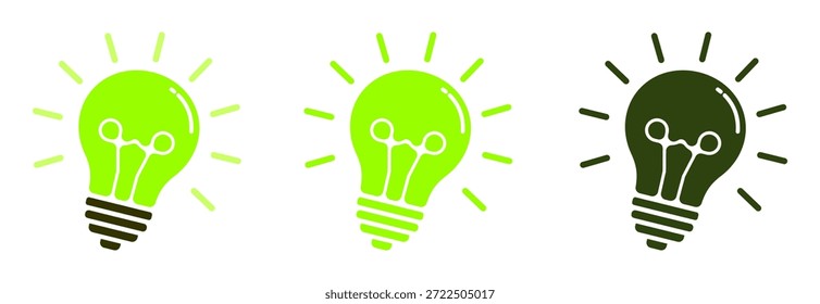 Tres iconos de bombilla verde que representan ideas e innovación, con una versión sombreada, una versión verde sólida y un contorno