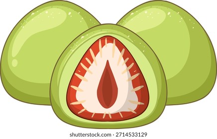 Three green mochi, one cut open revealing strawberry filling, clean vector style, soft highlights