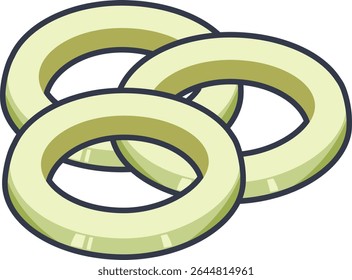 Three green onion ring slices drawn in a cute vector style. Perfect for food-related design and recipe elements.