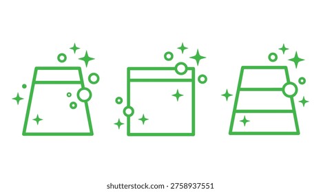 Three green outlined soap bars with bubbles and sparkles on a white background, conveying cleanliness and freshness, ideal for marketing and advertising materials related to hygiene and beauty products.