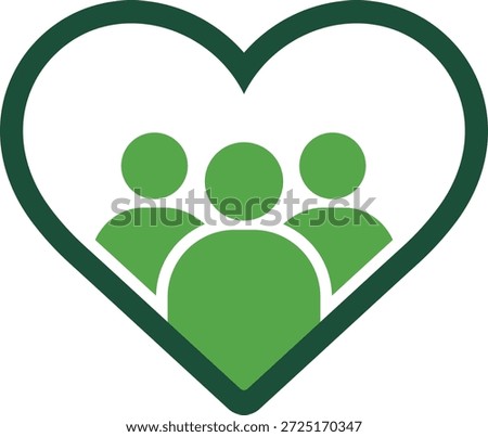 Three green people inside a dark green heart outline on white group community