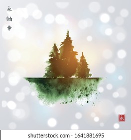 Three green pine trees on white glowing background. Traditional oriental ink painting sumi-e, u-sin, go-hua.  Hieroglyphs - eternity, freedom, happiness