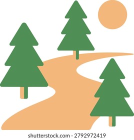 Three green pine trees and a winding path with shadow detail