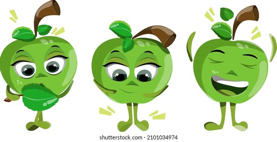 Three green ripe apples on a white background