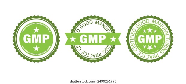 Three green seals with white text and stars, each displaying the abbreviation GMP for Good Manufacturing Practice. The center seal is accompanied by a green ribbon with a white star on top.