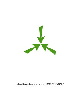 Three green shabby arrows point to the center. Triple Collide Arrows icon. Merge Directions icon. Vector illustration. Isolated on white.