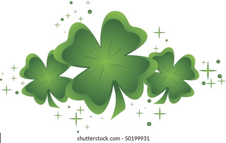 Three green shamrocks surrounded by sparkles