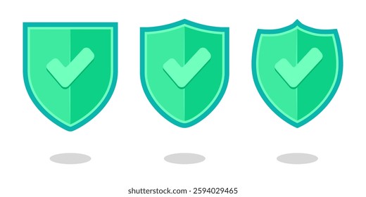 Three green shields with checkmarks  suitable for illustrating accomplishments, certifications, and achievements in various professional or educational contexts.