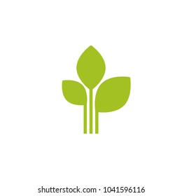 Three Green sprouts, sprigs, raw with silhouette leaf. Icon Isolated on white. Logo for eco company, agriculture, nature firm, ecology, healthy organic and farm fresh food. Vector Illustration