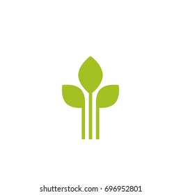 Three Green sprouts, sprigs, raw with silhouette leaf. Icon Isolated on white. Logo for eco company, agriculture, nature firm, ecology, healthy organic and farm fresh food. Vector Illustration