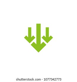three green squared arrows down icon. download sign. Fall, decrease symbol  isolated on white. Vector flat button.