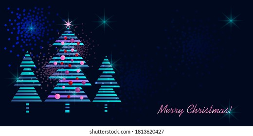 Tres verdes y estilizados árboles de Navidad sobre un fondo azul oscuro con espacio para texto e inscripción Feliz Navidad.