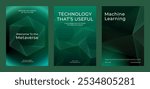 Three green tech posters featurings of metaverse, technology, and machine learning. Futuristic design with geometric patterns and digital. Environmental technology, green poster template vector set.