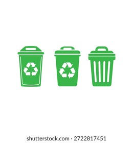 Tres cubos de basura verdes con símbolos de reciclaje que representan la gestión de residuos y el cuidado del medio ambiente