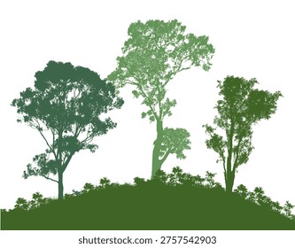 Three green tree silhouettes stand on a gently sloping hill with dense undergrowth, offering a calm, natural landscape scene that evokes environmental, ecological, and peaceful outdoor themes.
