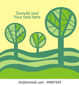 Three green trees on the yellow background. Vector illustration.