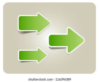 Three green vector paper arrow stickers with shadows