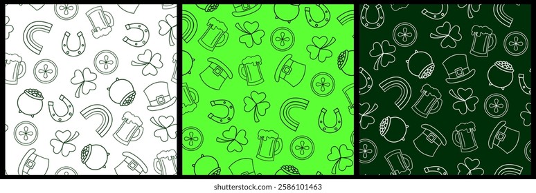 three green and white seamless patterns for St. Patrick's Day with shamrock, rainbow, coins, horseshoe, beer pint, coin pot and hat Hand-drawn illustrations for decoration and web design