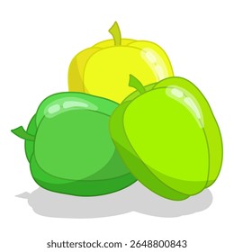 Three green and yellow peppers on a white background. Vegetables. Vector illustration for children's book, recipe, print.
