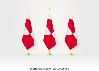 Three Greenland flags in a row on a golden stand, illustration of press conference and other meetings. Vector illustration.