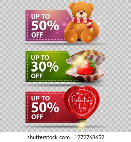 Three greeting banners for Valentine's Day with pearl shell, heart-shaped balloon and Teddy bear