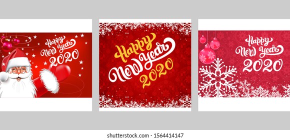 Three Greeting cards for Christmas and New Year holidays. For the design Christmas cards, banners, posters, invitations. Colorful Images with Santa Claus and text - 2020 happy New Year. Vector image.
