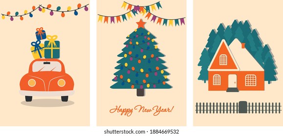 Three greeting cards for the New Year. The cards feature a red retro car with holiday boxes, a Christmas tree with colorful garlands and flags. Red house in a spruce forest behind a fence.