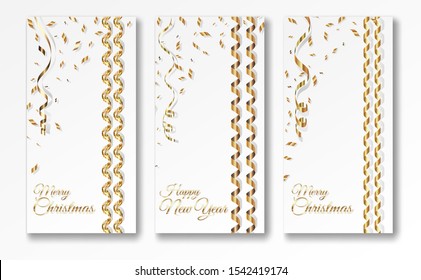 Three greeting posters Merry Christmas and Happy New Year. Greeting card with streamer and golden confetti. On a white background vector