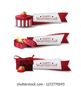 Three greeting ribbons for Valentine's Day with gifts