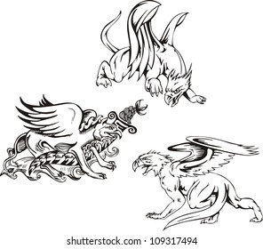 Three griffins. Set of black and white vector illustrations.