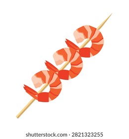Three Grilled Shrimp Prawns on a Wooden Skewer Isolated on White Background Flat Vector Illustration