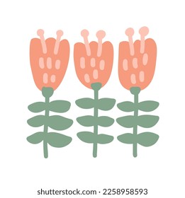 Three groovy 70s hippie spring or summer flowers. Positive floral ethno illustration. Aesthetic flat melting organic Groovy hippie funny boho style. Pastel palette.
